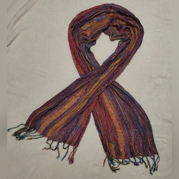 ANU Boho Metallic Striped 100% Cotton Fringe Scarf 72"x18" - Picture 5 of 8